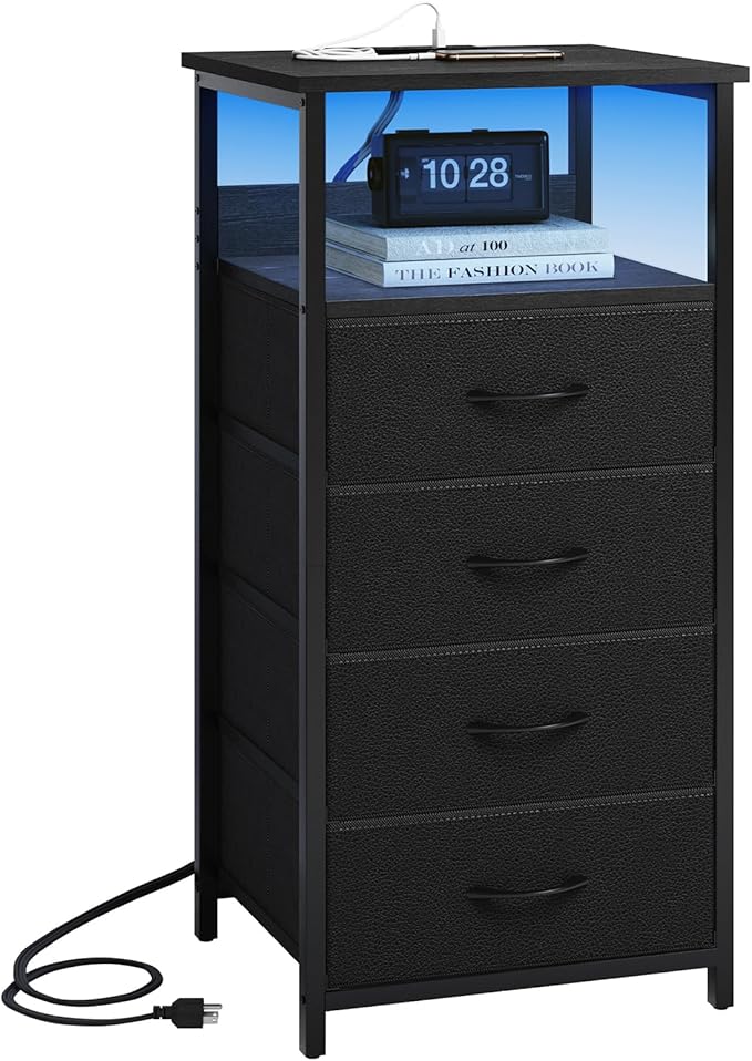 Fixwal Night Stand with Charging Station, Tall Nightstand with U-S-B Ports and Outlets, 4 Fabric Storage Drawers with PU Finish, Small Dresser Bed Side Table, Black
