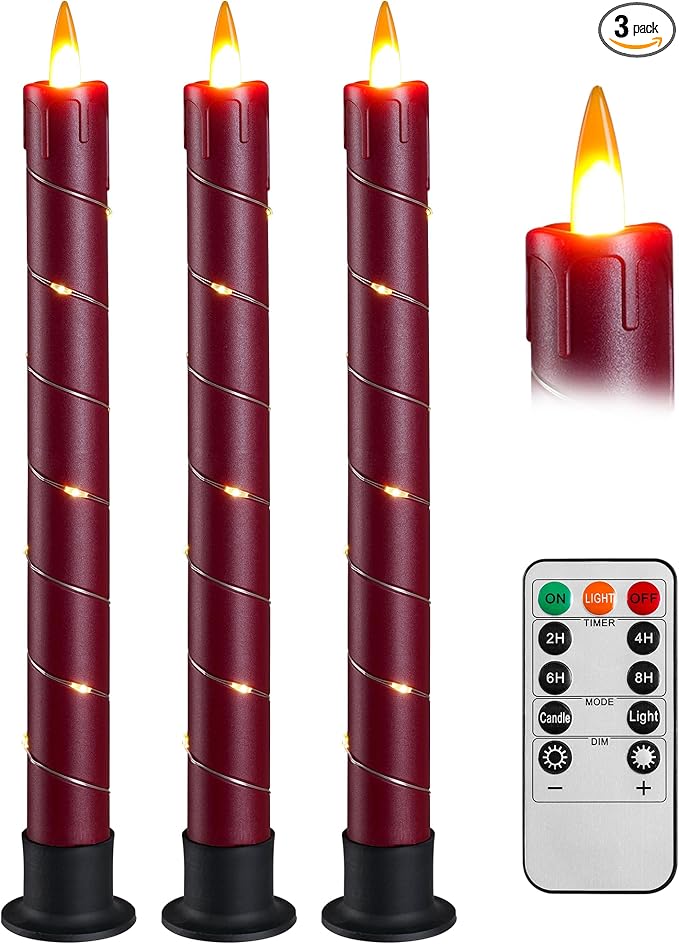 Da by 3 Pcs Flickering Flameless Battery Operated Taper Candle-Window Candles with Remote and Time-LED 3D Dynamic Flame-9.6 Inches for Wedding, Party,Home Decoration- Red