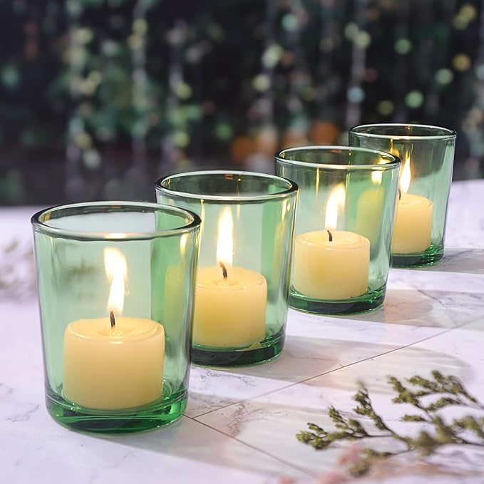 LETINE Green Glass Votive Candle Holders Set of 36 - Tealight Candle Holders for Spring & Summer Wedding and Christmas Centerpieces - Ideal Candle Jars for Making Candles