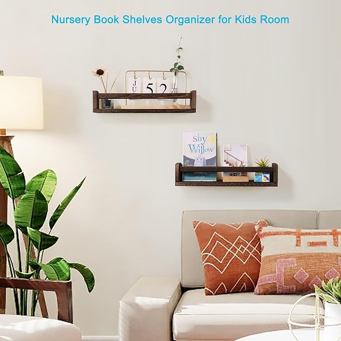 Nursery Book Shelves, Set of 2 Wood Floating Book Shelves for Kids Room, Kitchen Spice Rack, or Rustic Wall Mounted Shelves for Farmhouse Bathroom Decor (Carbon Brown)