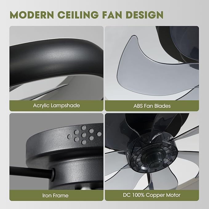 Ceiling Fans with Lights 20'' Flush Mount Fan Remote & APP Control Black Low Profile 6 Wind Speeds Smart Dimmable LED for Bedroom Living Room (Y1095-BK-ELE)