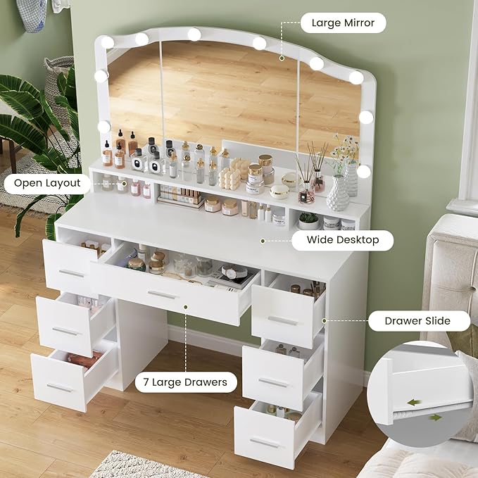 usikey 43.3" Vanity Desk with Large Lighted Mirror, Makeup Vanity Table with 7 Drawers & 10 Lights Bulbs, 3 Lighting Colors, Make Vanity Desk, Vanity Table for Women Girls, White