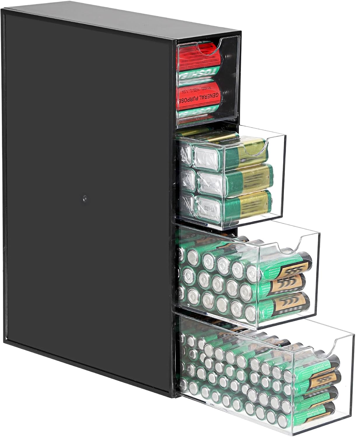 1 Pack 9V, 4-Drawer Common BTSKY Black Acrylic Battery Storage Organizer for AA, AAA, C Batteries, Storage Box Battery