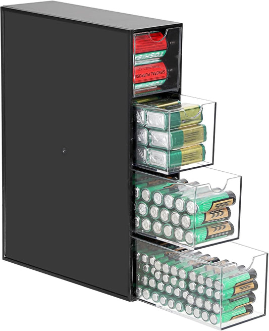 1 Pack 9V, 4-Drawer Common BTSKY Black Acrylic Battery Storage Organizer for AA, AAA, C Batteries, Storage Box Battery
