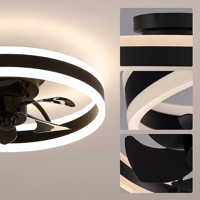 Ceiling Fans with Lights and Remote Flush Mount Black Ceiling Fan with Light,6 Speeds,LED Modern 15" Low Profile Ceiling Fans for Bedroom,Small Room