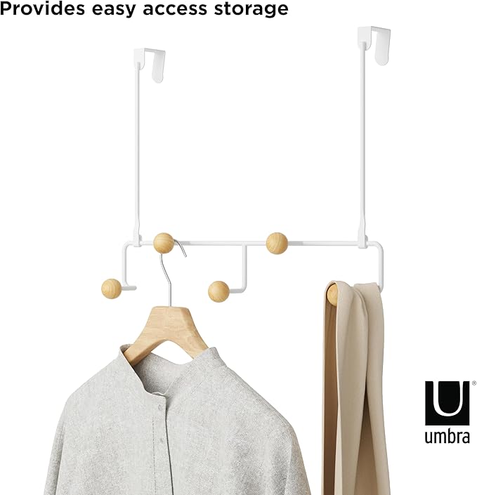 Umbra Estique Over The Door Coat Rack & Multi-Use Organizer, for Coats, Bags, Hats & More, Small, White/Natural (Pack of 3)