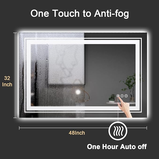 LED Bathroom Mirror, 48"X32" with Front and Backlit, Anti-Fog, Large Bathroom Vanity Mirror for Wall, Memory Function, Stepless Dimmable, Tempered Glass (Horizontal/Vertical)
