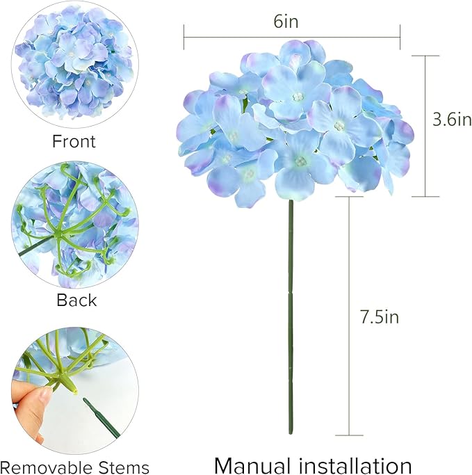 Auihiay 64 PCS Full Artificial Hydrangea Flowers, Blue Purple Silk Hydrangea Heads with Stems, Fake Flowers for Wedding Centerpieces, Baby Shower, Home, Garden, Party Decoration (Blue Purple)