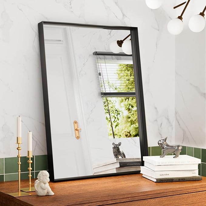 16x24 inch Black Bathroom Mirrors for Over Sink, Small Bathroom Mirror, Rectangle Metal Framed Vanity Wall Mirrors, Anti-Rust, Tempered Glass, Hangs Horizontally or Vertically
