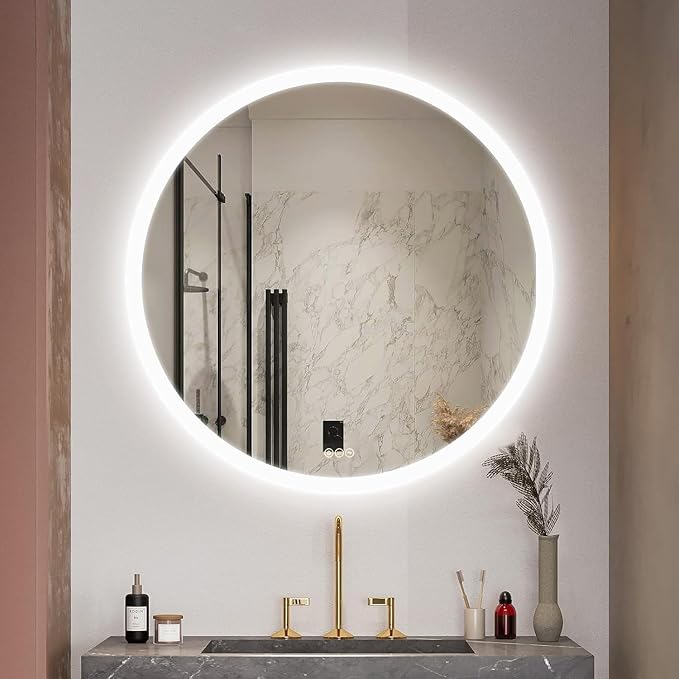 Wall-Mounted LED Round Bathroom Mirror, Makeup Mirror (32 inches x 32 inches,) 3 Color Stepless Dimmable Memory Bathroom Vanity Mirror with Lights CRI90+ 3000-6400K Smart Mirror with Touch
