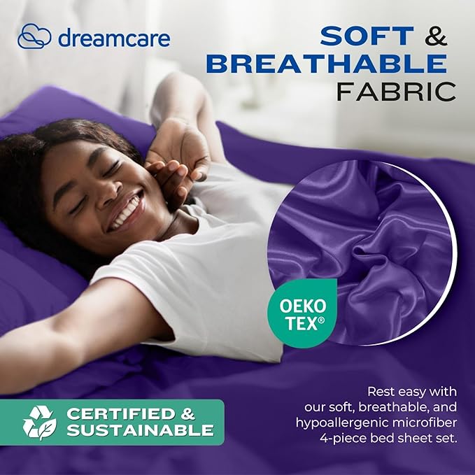 DREAMCARE California King Sheet Sets – 4 pcs Cooling Sheets – up to 21” Deep Cal King Sheets – Hotel Luxury Sheets & Pillowcases – Superior Softness 100% Fine Microfiber with Side Pocket – Purple