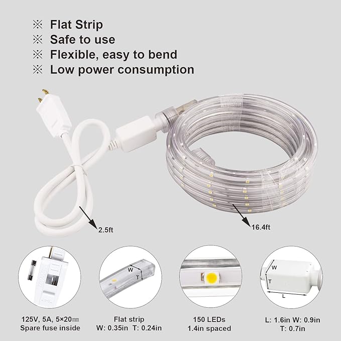 LED Rope Lights, 16.4ft Waterproof Strip Light, 3000K Soft White, Flexible Indoor Outdoor Decorative Lighting for Home Christmas Holiday Garden Patio Party