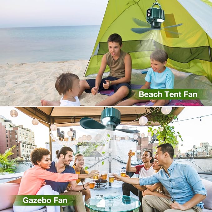 DUKUSEEK Tent Ceiling Fans for Camping Hanging, Portable Tent Fans with Light and Remote Control, Power Bank, USB Battery Operated Camping Fan with Hanging Hook for Outdoor, Car, RV