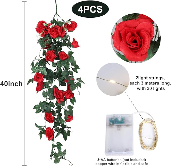 RECUTMS Hanging Rose Flowers Artificial Vines for Outdoors with 30 LED Fairy String Lights Indoor Home Garden Wall Wedding (Red)