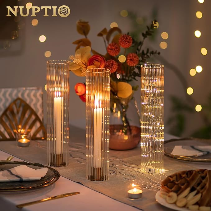 NUPTIO Hurricane Candle Holder Fluted: 2.5 x 12 inches Ribbed Glass Shade for Candlestick - Bulk Decorative Bottomless Cylinder Taper Candle Cover for Outdoor Table Centerpiece