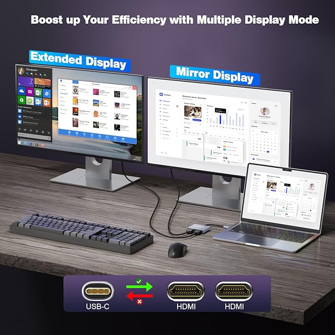 USB C to Dual HDMI Adapter, 4K@60Hz Dual Monitor Adapter for Extended & Mirror Display, HDMI Splitter Compatible with MacBook Pro/Air, Dell, HP, and Lenovo laptops