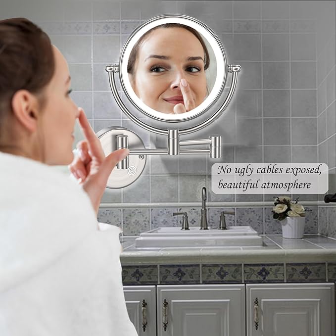 Premium 8" Brass Lighted Wall Mount Makeup Mirror with Magnification, 1X/5X Double-Sided Adjustable Bathroom Wall-Mounted Mirrors Swing Arm, Touch Dimming, Brushed Nickel Finish, Hard Wired