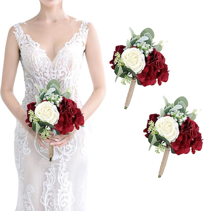 Artificial Flowers Bridesmaid Bouquets - Set of 2 Bridesmaid Bouquet Burgundy White Handmade Silk Floral Bouquet for Wedding Ceremony Anniversary, Bridal Shower, Home Table Decorations