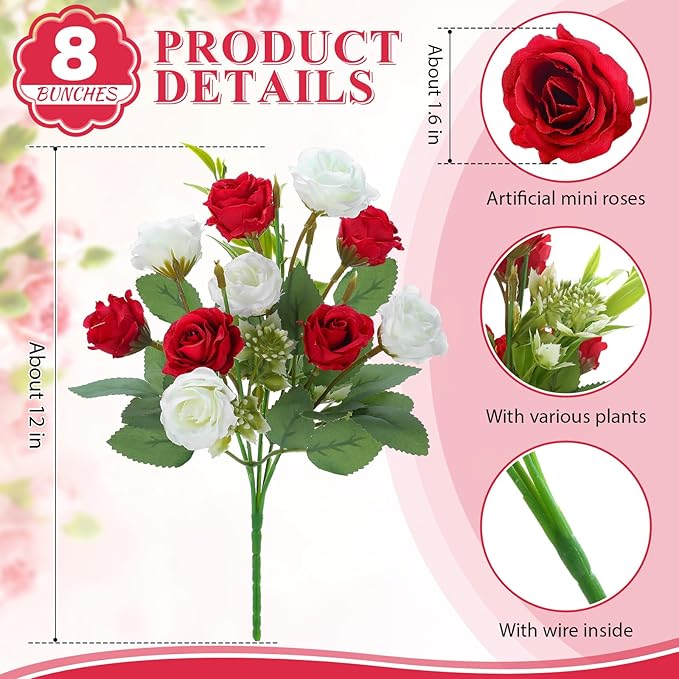 Zeyune 8 Pack 12 Inch Wedding Bouquets for Bride Bridesmaid Red and White Artificial Rose Bouquet Fake Silk Roses Flowers Bunches Bulk for Home Office Garden Parties Decoration