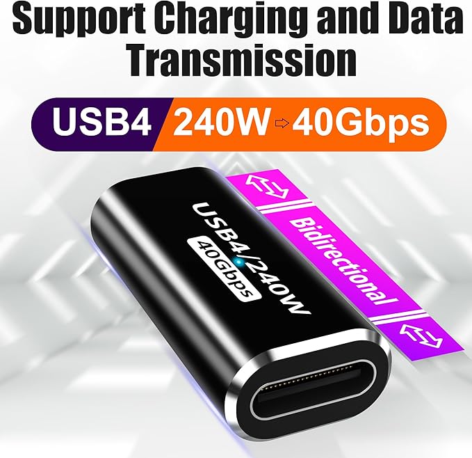 AGVEE 2 Pack USB4 Type-C Female to Female Adapter, PD 240W Quick Charge USB 4.0 40G Data Coupler Extender Extension Connector for TB4 TB3 MacBook, Pixel 2 3 4 5, S24, S23, S22, Black