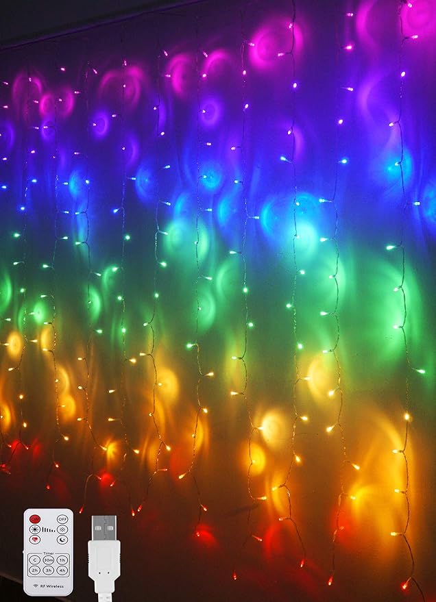 Rainbow Fairy String Curtain Lights with Remote, Twinkle LED Ombre Light Curtain for Girls Room, Bedroom, Teen Room, Kid's Room, Unicorn Theme, Party, Christmas Décor Gift (Rainbow)