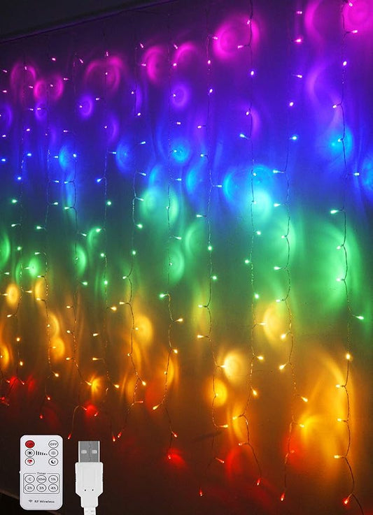 Rainbow Fairy String Curtain Lights with Remote, Twinkle LED Ombre Light Curtain for Girls Room, Bedroom, Teen Room, Kid's Room, Unicorn Theme, Party, Christmas Décor Gift (Rainbow)
