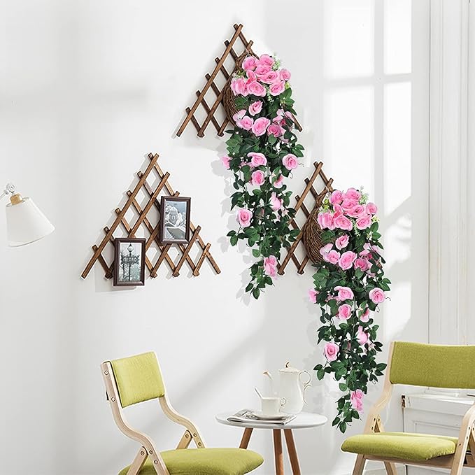 RECUTMS Artificial Hanging Rose Flower 4PCS Vine Plants with 30 LED Fairy String Lights Fake for Indoor Outside Garden Porch Farmhouse (Pink)