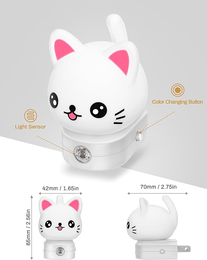 DORESshop Cat Night Lights Plug Into Wall [2 Pack], Cute Night Light for Kids, 8-Color RGB LED Night Light, Nightlight with Dusk to Dawn Sensor for Kids Room, Bathroom, Bedroom Décor, Children Gift