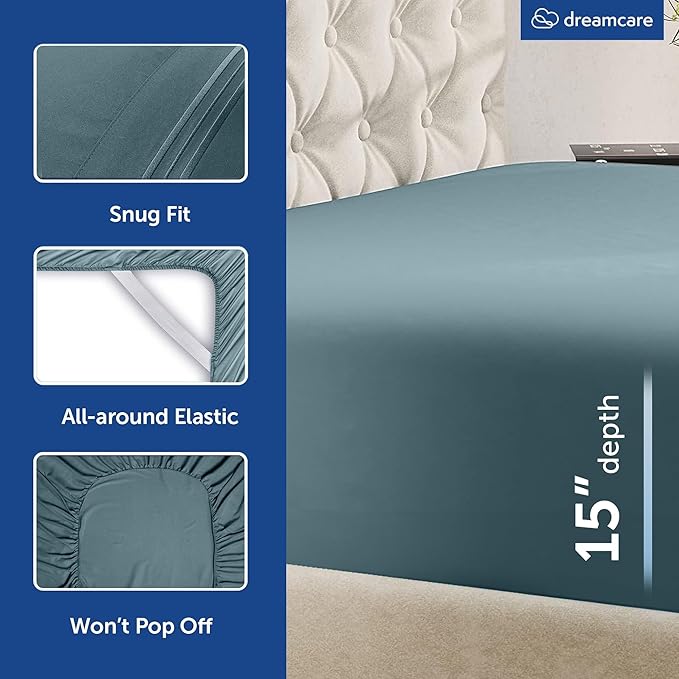 DREAMCARE Queen Size Sheets - Cooling Bed Sheets - 4pcs Set - up to 15" Deep Pocket Queen Sheet Set - Sheets Queen Size Bed - Soft & Long Lasting 100% Fine Microfiber with Side Pocket - Mineral Blue