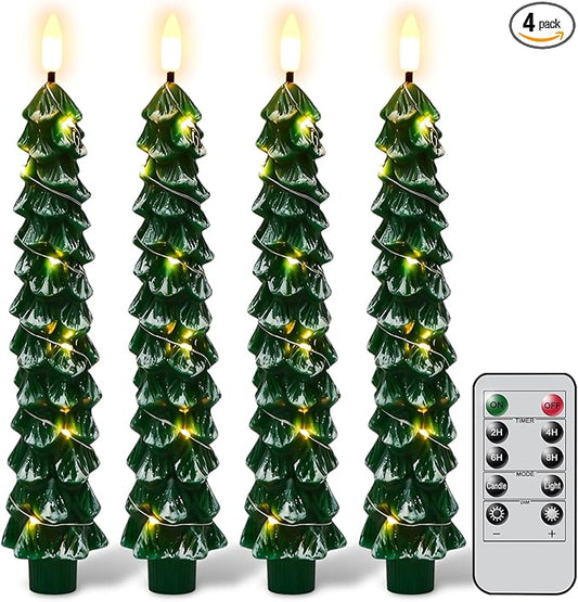 GenSwin Flameless Christmas Tree Candles with Remote Timer, Real Wax Christmas Tree Flameless Taper Candles Battery Operated with String Lights, Set of 4 LED Tree Candlesticks for Home Winter Decor