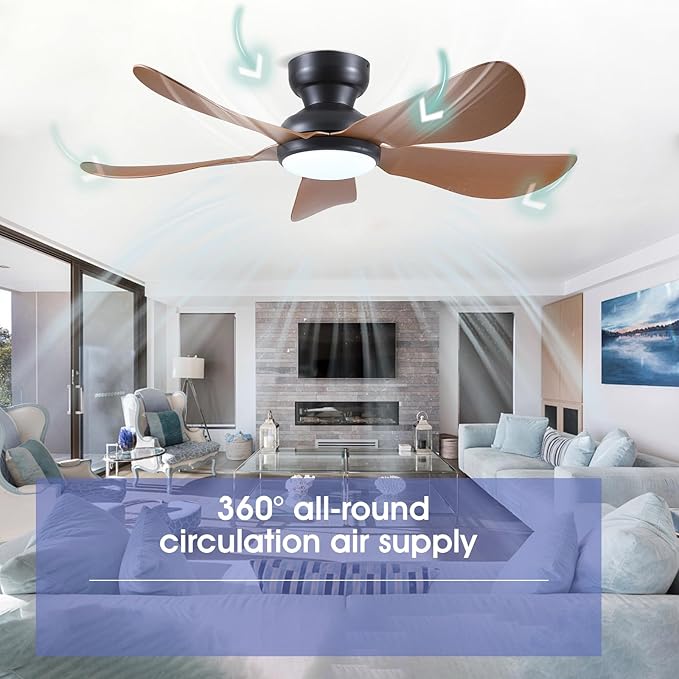 46 Inch Modern Ceiling Fans with Lights, Flush Mount Ceiling Fan with Light and Remote/APP Control, 5 Reversible 6 Speeds Curved Blades, 3 CCT Dimmable Lights for Kids Room, Brown