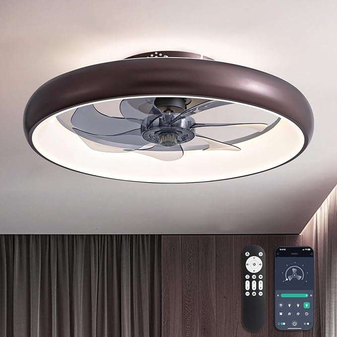 Ceiling Fan with Lights and Remote, 20'' Low Profile Flush Mount, 6 Wind Speeds, Modern Dimmable LED, Smart for Bedroom, Kids Room