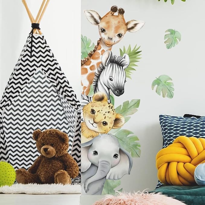44.88 x 11.75 Inch Watercolor Jungle Animal Wall Decals - Forest Safari Elephant Lion Monkey Stickers for Baby Nursery, Playroom, Bedroom, Classroom, Kindergarten Decor