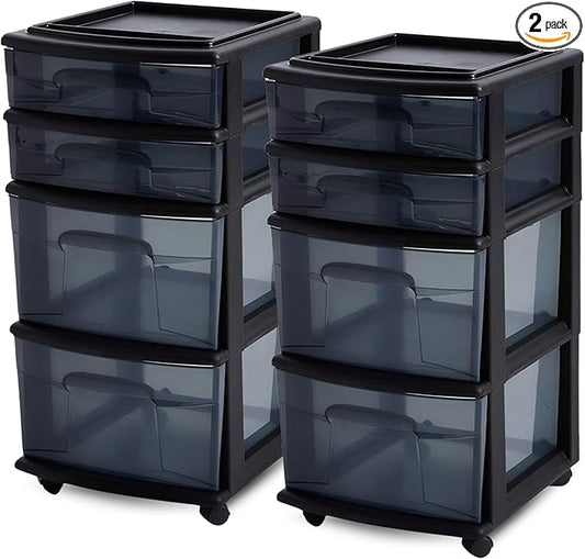HOMZ 2-Pack Drawer Tower, 4-Tier Clear Plastic Storage Organizer Cart, Black Tint and Frame - Organizing Containers with Wheels for Home, Bathroom, Bedroom, Office, and Classroom