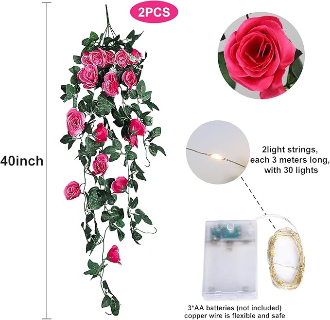 RECUTMS 2pcs Artificial Hanging Plants 32 in Fake Plant Ivy Vine Outdoor UV Resistant Plastic (Rose red)