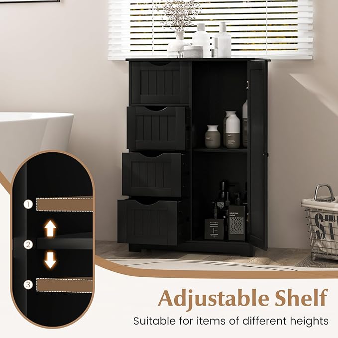 Giantex Bathroom Storage Cabinet with Drawers - 4 Drawer Storage Organizer w/Cupboard, Adjustable Shelf, Anti-Toppling Device, Entryway Storage Unit Console Table, Bathroom Floor Cabinet (Black)
