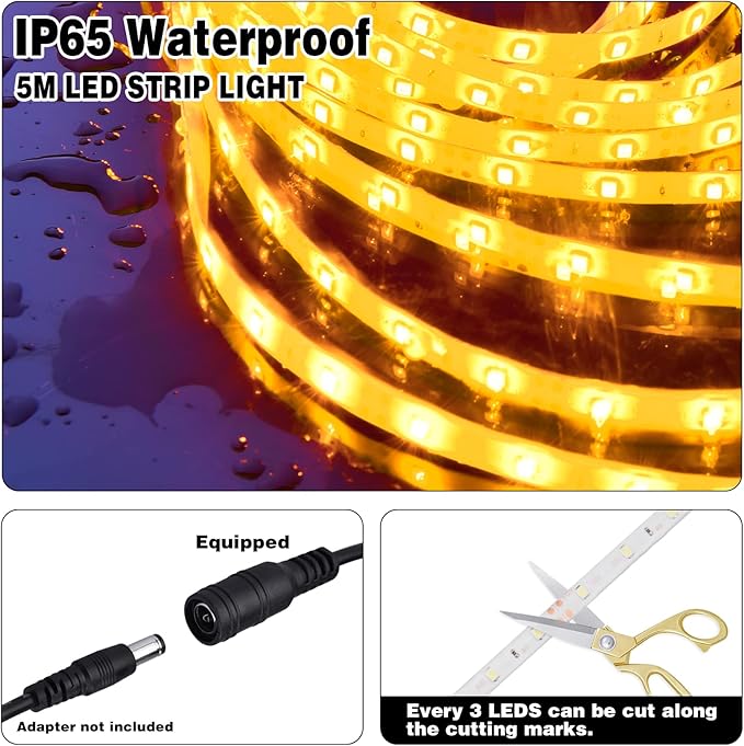 iNextStation 12V LED Light Strip IP65 Waterproof Yellow LED Strip Lights 16.4ft/5m Cuttable 300 SMD 2835 LED Tape Flexible Led Lights for Bedroom Outdoor Indoor Decor (Power Adapter not Included)