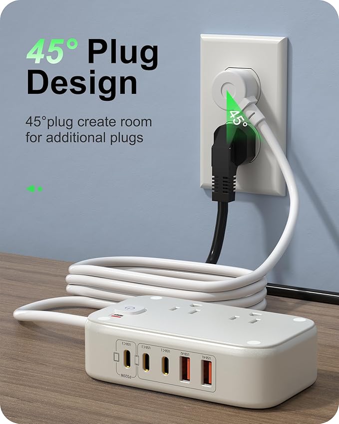5FT Portable USB C Power Strip Surge Protector PD 20W Flat Wall Plug Charger Multipl Outlets with 2500W AC Outlets, 3 USB-C Ports, 2 USB-A Ports for Home/Office/Travel