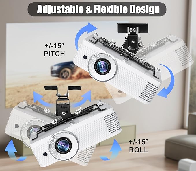 2-Be-Best Projector Ceiling Mount Wide Pipe Universal 3-in-1 Projector Wall Mount Bracket with Adjustable Arm, Flush Mount Option, Built-in Cable Management for Office Home Black