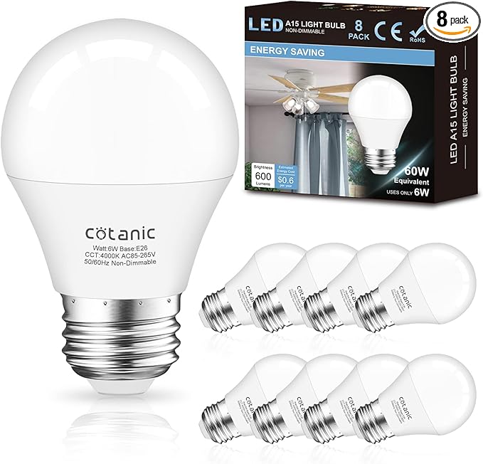 Cotanic 8 Pack A15 LED Ceiling Fan Light Bulbs 4000K Natural Daylight, 6W Small Light Bulb for Chandelier 60W Equivalent, E26 Standrad Base, 600lm, CRI 80+, Non-Dimmable