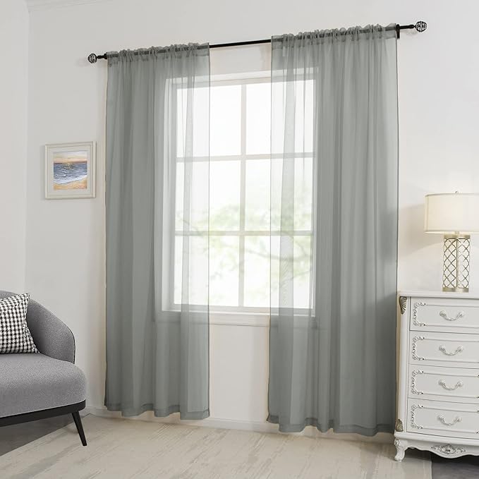HUTO Sage Grey Sheer Curtains 84 inches Long for Living Room Rod Pocket Window Sheer Voile Drapes for Bedroom Girls Canopy Bed Nursery 2 Panels 52 by 84 Inch Length