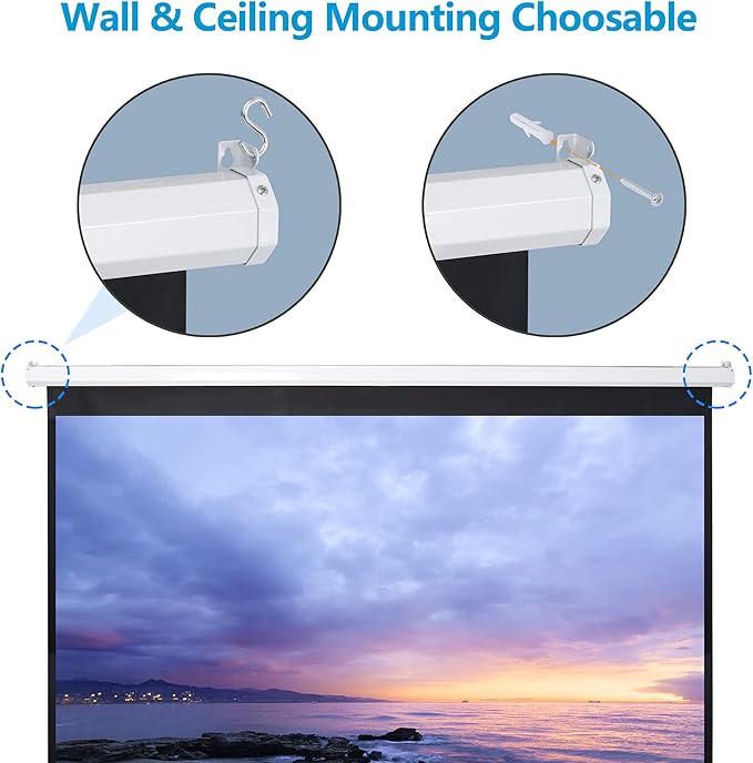 Smartxchoices 100" 16:9 HD Manual Projector Screen with Auto Lock Anti-Crease Home Theater Office Wall Mounted Ceiling Pull Down Projection 1.1 Gain Matte White, View Size: 87 x 49 inches