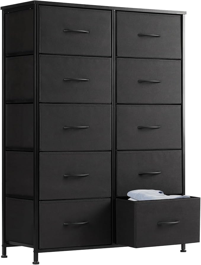 Sweetcrispy Dresser, Tall Dresser for Bedroom, Drawer Dresser Organizer Storage Drawers with 10 Drawers, Chest of Drawers with Fabric Bin, Steel Frame, Wood Top for Bedroom, Closet, Entryway