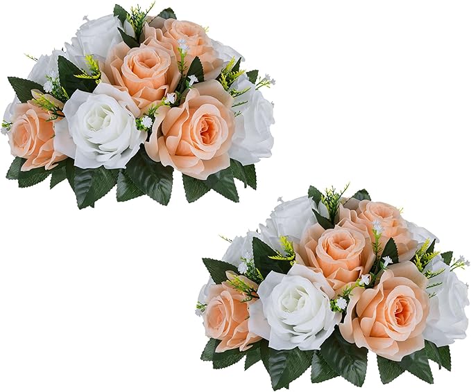 BLOSMON Flower Ball Centerpieces for Tables: 2pcs 9.5 Inch Peach Fuzz Fake Rose Flowers Kissing Balls Artificial Wedding Floral Arrangements Silk Bouquet with Base Home Party Room DIY Decorations