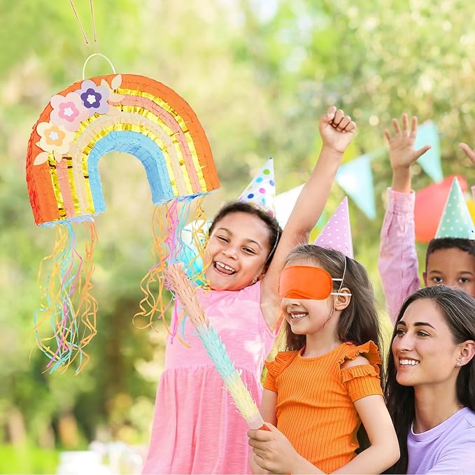 WERNNSAI Rainbow Pinata - Rainbow Pull String Pinata with Bundle with Blindfold and Bat for Girls Kids Piñata Boho Theme Birthday Party Decoration Game for Baby Shower Carnival Summer Party Supplies