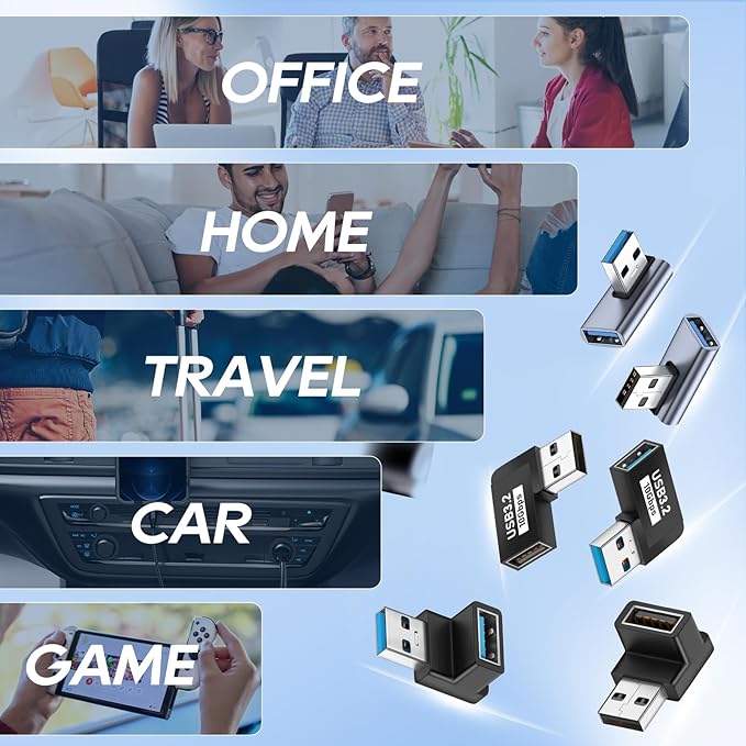 UCEC 90 Degree USB 3.2 Adapter, USB 90 Degree Adapter USB Angle Adapter, Left and Right Angle USB A Male to USB A Female Adapter Extender Connector 10Gbps 2-Pack