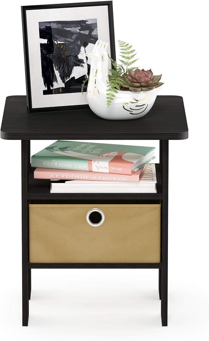 Furinno ANDREY Side Table, End Table, Night Stand with Open Shelves and Storage Bin, Bedside Table, for Living Room, Bedroom, Espresso