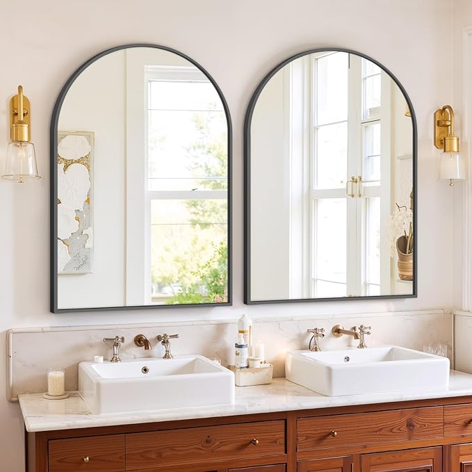 Sweetcrispy Arched Bathroom Mirror 30x20.5 Inch Black Metal Framed Arch Vanity Mirror for Wall, Over Sink, Farmhouse, Restroom, Anti-Rust, Modern Decorative, Hanging or Leaning