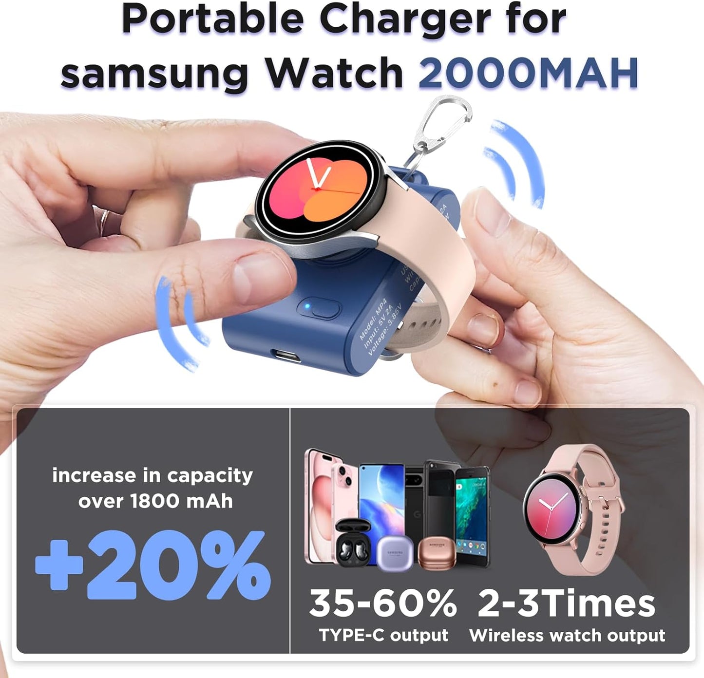 Portable Watch Charger for Samsung, 2000mAh 2-in-1 Magnetic Charger, Travel Wireless Power Bank for Galaxy Watch 6/6