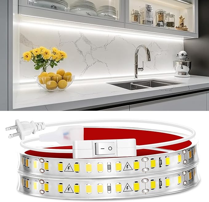 maylit Under Cabinet Strip Lighting Plug in 24in, Ultra Bright Small LED Light Bar, 6000K Cool White, 110V-120V Wired Lights for Kitchen Cabinet, Counter, Workbench, Desk, Closet, Shelf, Indoor